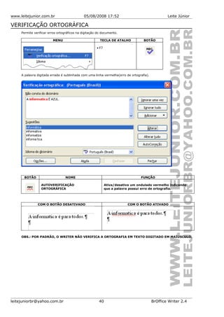 www.leitejunior.com.br 05/08/2008 17:52 Leite Júnior
VERIFICAÇÃO ORTOGRÁFICA
Permite verificar erros ortográficos na digitação do documento.
MENU TECLA DE ATALHO BOTÃO
• F7
A palavra digitada errada é sublinhada com uma linha vermelha(erro de ortografia).
BOTÃO NOME FUNÇÃO
AUTOVERIFICAÇÃO
ORTOGRÁFICA
Ativa/desativa um ondulado vermelho indicando
que a palavra possui erro de ortografia.
COM O BOTÃO DESATIVADO COM O BOTÃO ATIVADO
OBS.: POR PADRÃO, O WRITER NÃO VERIFICA A ORTOGRAFIA EM TEXTO DIGITADO EM MAÍUSCULO.
leitejuniorbr@yahoo.com.br 40 BrOffice Writer 2.4
 