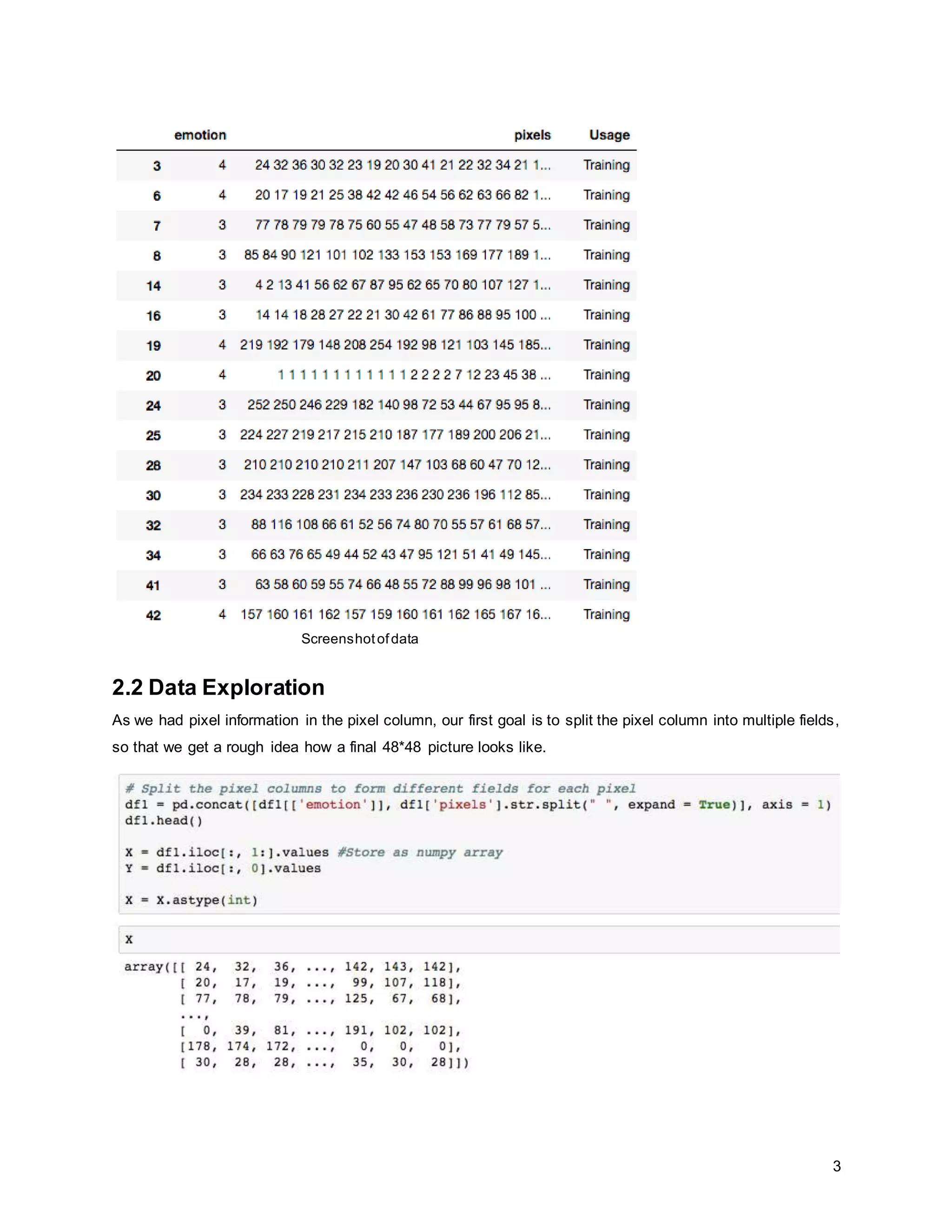 3 Screenshotofdata 2.2 Data Exploration As we had pixel information in the pixel column, our first goal is to split the pixel column into multiple fields, so that we get a rough idea how a final 48*48 picture looks like. 