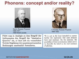 Phonons: concept and/or reality?
Y. Frenkel, Russian Physicist
1894-1952
Tamm, Russian Physicist
1895-1971
1958 Nobel Laurate
 