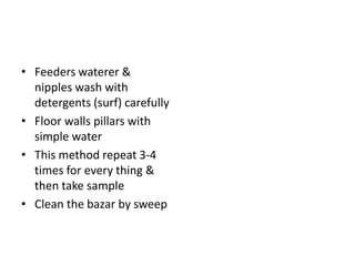• Feeders waterer &
nipples wash with
detergents (surf) carefully
• Floor walls pillars with
simple water
• This method repeat 3-4
times for every thing &
then take sample
• Clean the bazar by sweep
 