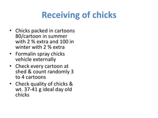 Receiving of chicks
• Chicks packed in cartoons
80/cartoon in summer
with 2 % extra and 100 in
winter with 2 % extra
• Formalin spray chicks
vehicle externally
• Check every cartoon at
shed & count randomly 3
to 4 cartoons
• Check quality of chicks &
wt. 37-41 g ideal day old
chicks
 