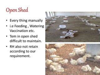 Open Shed
• Every thing manually
• i.e Feeding , Watering
Vaccination etc.
• Tem in open shed
difficult to maintain.
• RH also not retain
according to our
requirement.
 
