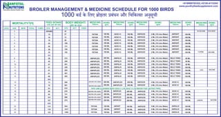ANFOTAL
NUTRITIONSInnovative Animal Health Care
+919999793322,+0120-4112243
www.poultryfeedsupplement.com
BROILER MANAGEMENT & MEDICINE SCHEDULE FOR 1000 BIRDS
1000 बड के िलए ोइलर बधन और िचिक सा अनसचीु ूं
DATE AGE MOR TOTAL CUM% STD ACT
0
1
2
3
4
5
6
7
8
9
10
11
12
13
14
15
16
17
18
19
20
21
22
23
24
GRAMS
13
16
19
22
26
30
35
161
38
42
47
51
57
61
66
362
73
78
83
89
95
101
107
626
114
119
125
STD ACT FEED
42
57
72
89
109
131
155
182
212
246
281
320
362
407
455
506
561
618
678
741
806
874
944
1017
1093
MORTALITY/म यृ ु FEED INTAKE/
उनके खाने क मा ा
BODY WEIGHT/
शरीर का वजन
MEDICINE/
िचिक सा
DOSE/
खराकु
MEDICINE/
िचिक सा
DOSE/
खराकु
DOSE/
खराकु
MEDICINE/
िचिक सा
FETON
FETON
FETON
FETON
FETON
FETON
FETON
ANFAPLEX
ANFAPLEX
ANFAPLEX
ANFAPLEX
ANFAPLEX
ANFAPLEX
ANFAPLEX
NEUTRO CPD LIQUID
NEUTRO CPD LIQUID
100 ML
100 ML
100 ML
100 ML
100 ML
100 ML
100 ML
200 ML
200 ML
200 ML
200 ML
200 ML
200 ML
200 ML
200 ML
200 ML
100 ML
100 ML
100 ML
100 ML
100 ML
100 ML
100 ML
100 ML
100 ML
100 ML
100 ML
100 ML
100 ML
100 ML
200 ML
200 ML
AD3C+C
AD3C+C
AD3C+C
AD3C+C
AD3C+C
AD3C+C
AD3C+C
ANFALIV
ANFALIV
ANFALIV
ANFALIV
ANFALIV
ANFALIV
ANFALIV
ANFAPLEX
ANFAPLEX
PIPE LINE CLEANING WITH H2O2 (1 LTR H2O2 9 LTR WATER FOR 100 FEET PIPE)
NEUTRO CPD LIQUID
NEUTRO CPD LIQUID
NEUTRO CPD LIQUID
NEUTRO CPD LIQUID
200 ML
200 ML
200 ML
200 ML
100 ML
100 ML
100 ML
ANFAPLEX
ANFAPLEX
ANFAPLEX
ANFAPLEX
ANFAVIT
ANFAVIT
ANFAVIT
200 ML
200 ML
200 ML
200 ML
100 ML
100 ML
100 ML
VACCINE
VACCINE
VACCINE
EYE DROPI.B VACCINE
F-STRIN
I.B.D
LASOTA
MEDICINE/
िचिक सा
ANFACID
ANFACID
ANFACID
ANFACID
ANFACID
ANFACID
ANFACID
ANFACID
ANFACID
ANFACID
ANFACID
ANFACID
ANFACID
ANFACID
ANFACID
ANFACID
DOSE/
खराकु
2 ML (10 Litre Water)
2 ML (10 Litre Water)
2 ML (10 Litre Water)
2 ML (10 Litre Water)
2 ML (10 Litre Water)
2 ML (10 Litre Water)
2 ML (10 Litre Water)
3 ML (10 Litre Water)
3 ML (10 Litre Water)
3 ML (10 Litre Water)
3 ML (10 Litre Water)
3 ML (10 Litre Water)
3 ML (10 Litre Water)
3 ML (10 Litre Water)
4 ML (10 Litre Water)
4 ML (10 Litre Water)
4 ML (10 Litre Water)
4 ML (10 Litre Water)
4 ML (10 Litre Water)
4 ML (10 Litre Water)
5 ML (10 Litre Water)
5 ML (10 Litre Water)
5 ML (10 Litre Water)
MEDICINE/
िचिक सा
ANFAVIT
ANFAVIT
ANFAVIT
ANFAVIT
ANFAVIT
ANFAVIT
ANFAVIT
SELE TONIC
SELE TONIC
SELE TONIC
SELE TONIC
SELE TONIC
SELE TONIC
SELE TONIC
AD3C+C
AD3C+C
AD3C+C
AD3C+C
AD3C+C
AD3C+C
ANFALIV
ANFALIV
ANFALIV
DOSE/
खराकु
100 ML
100 ML
100 ML
100 ML
100 ML
100 ML
100 ML
50 ML
50 ML
50 ML
100 ML
100 ML
100 ML
100 ML
100 ML
100 ML
100 ML
100 ML
100 ML
100 ML
100 ML
100 ML
100 ML
ANFACID
ANFACID
ANFACID
ANFACID
ANFACID
ANFACID
ANFACID
FETON
FETON
FETON
 