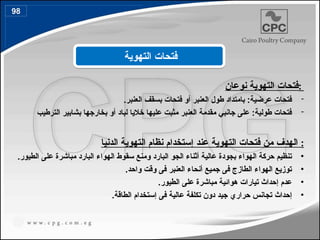 ‫نوعان‬ ‫التهوية‬ ‫فتحات‬:
-
‫العنبر‬ ‫طول‬ ‫بامتداد‬ :‫عرضية‬ ‫فتحات‬
‫العنبر‬ ‫بسقف‬ ‫فتحات‬ ‫أو‬
.
-
‫بشابير‬ ‫بخارجها‬ ‫أو‬ ‫لباد‬ ‫خاليا‬ ‫عليها‬ ‫مثبت‬ ‫العنبر‬ ‫مقدمة‬ ‫جانبي‬ ‫على‬ :‫طولية‬ ‫فتحات‬
‫الترطيب‬
‫الدنيا‬ ‫التهوية‬ ‫نظام‬ ‫إستخدام‬ ‫عند‬ ‫التهوية‬ ‫فتحات‬ ‫من‬ ‫الهدف‬ :
•
‫البارد‬ ‫الجو‬ ‫أثناء‬ ‫عالية‬ ‫بجودة‬ ‫الهواء‬ ‫حركة‬ ‫تنظيم‬
.‫الطيور‬ ‫على‬ ‫مباشرة‬ ‫البارد‬ ‫الهواء‬ ‫سقوط‬ ‫ومنع‬
•
‫واحد‬ ‫وقت‬ ‫فى‬ ‫العنبر‬ ‫أنحاء‬ ‫جميع‬ ‫فى‬ ‫الطازج‬ ‫الهواء‬ ‫توزيع‬
.
•
‫الطيور‬ ‫على‬ ‫مباشرة‬ ‫هوائية‬ ‫تيارات‬ ‫إحداث‬ ‫عدم‬
.
•
‫إحداث‬
‫حراري‬ ‫تجانس‬
‫الطاقة‬ ‫إستخدام‬ ‫فى‬ ‫عالية‬ ‫تكلفة‬ ‫دون‬ ‫جيد‬
.
‫التهوية‬ ‫فتحات‬
98
117
 