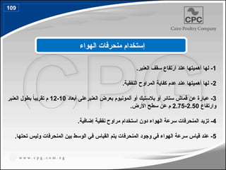 1
.‫العنبر‬ ‫سقف‬ ‫ارتفاع‬ ‫عند‬ ‫أهميتها‬ ‫لها‬ -
2
.‫النفقية‬ ‫المراوح‬ ‫كفاية‬ ‫عدم‬ ‫عند‬ ‫أهميتها‬ ‫لها‬ -
3
-
‫ألمونيوم‬ ‫أو‬ ‫بالستيك‬ ‫أو‬ ‫ستائر‬ ‫قماش‬ ‫عن‬ ‫عبارة‬
‫العنبر‬ ‫بعرض‬
‫أبعاد‬ ‫على‬
10
-
12
‫م‬
‫ب‬ ً
‫ا‬‫تقريب‬
‫طول‬
‫العنبر‬
‫وارتفاع‬
2.50
-
2.75
.‫األرض‬ ‫سطح‬ ‫عن‬ ‫م‬
4
-
‫إضافية‬ ‫نفقية‬ ‫مراوح‬ ‫استخدام‬ ‫دون‬ ‫الهواء‬ ‫سرعة‬ ‫المنحرفات‬ ‫تزيد‬
.
5
‫الوسط‬ ‫في‬ ‫القياس‬ ‫يتم‬ ‫المنحرفات‬ ‫وجود‬ ‫في‬ ‫الهواء‬ ‫سرعة‬ ‫قياس‬ ‫عند‬ -
‫المنحرفات‬ ‫بين‬
‫تحت‬ ‫وليس‬
‫ها‬
.
‫الهواء‬ ‫منحرفات‬ ‫إستخدام‬
109
130
 