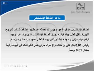 ‫لمراوح‬ ‫السالب‬ ‫الضغط‬ ‫طريق‬ ‫عن‬ ‫إحداثه‬ ‫تم‬ ‫جزئي‬ ‫هواء‬ ‫فراغ‬ ‫هو‬ ‫اإلستاتيكى‬ ‫الضغط‬
‫وجود‬ ‫على‬ ‫يؤكد‬ ‫الذي‬ ‫اإلستاتيكى‬ ‫الضغط‬ ‫بجهاز‬ ‫قياسه‬ ‫ويتم‬ ‫العنبر‬ ‫داخل‬ ‫التهوية‬
.‫بوصة‬ ‫مقداره‬ ‫مياه‬ ‫عمود‬ ‫تعادل‬ ‫بوحدة‬ ‫ويقاس‬ ‫أيضا‬ ‫حجمه‬ ‫و‬ ‫جزئي‬ ‫هواء‬ ‫فراغ‬
‫وقياس‬
0.01
‫رفيعة‬ ‫أنبوبة‬ ‫في‬ ‫الماء‬ ‫لدفع‬ ‫يكفي‬ ‫جزئي‬ ‫هواء‬ ‫فراغ‬ ‫هناك‬ ‫أن‬ ‫على‬ ‫يدل‬
‫بمقدار‬
0.01
.‫بوصة‬
‫اإلستاتيكى‬ ‫الضغط‬ ‫هو‬ ‫ما‬
111
132
 