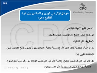 1
.‫اإلنتاجي‬ ‫األمهات‬ ‫قطيع‬ ‫عمر‬ -
2
.‫تفريخه‬ ‫وظروف‬ ‫األمهات‬ ‫من‬ ‫المنتج‬ ‫البيض‬ ‫جودة‬ -
3
.‫الكتاكيت‬ ‫نقل‬ ‫ظروف‬ -
4
.)‫اليها‬ ‫الكتاكيت‬ ‫جميع‬ ‫وصول‬ ‫وسهولة‬ ‫والمياه‬ ‫العلفية‬ ‫(المساحة‬ ،‫المزرعة‬ ‫داخل‬ ‫والتحضين‬ ‫الرعاية‬ -
5
‫م‬ / ‫الطيور‬ ‫كثافة‬ -
2
6
‫او‬ ‫الريو‬ ‫مثل‬ ‫فيروسية‬ ‫سواء‬ ‫األمعاء‬ ‫تصيب‬ ‫التي‬ ‫األمراض‬ ‫(خاصة‬ ،‫القطيع‬ ‫تصيب‬ ‫قد‬ ‫التي‬ ‫األمراض‬ -
.)‫الكلوستريديا‬ ‫مثل‬ ‫ميكروبية‬ ‫او‬ ‫الكوكسيديا‬ ‫مثل‬ ‫طفيلية‬
‫أفراد‬ ‫بين‬ ‫والتجانس‬ ‫الوزن‬ ‫في‬ ‫تؤثر‬ ‫عوامل‬
:‫وهي‬ ‫القطيع‬
163
189
 