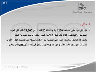 •
:‫مثال‬
•
‫بمساحه‬ ‫عنبر‬ ‫لدينا‬ ‫كان‬ ‫فإذا‬
1230
‫م‬
2
‫والكثافة‬
20
‫م‬ /‫ط‬
2
‫أي‬
24,600
‫العينة‬ ‫فإن‬ ‫طائر‬
‫تكون‬ ‫وزنها‬ ‫المفترض‬
492
‫تمثل‬ ‫طائر‬
2
‫العنابر‬ ‫من‬ ‫عديد‬ ‫لوجود‬ ‫ونظرا‬ ،‫العنبر‬ ‫من‬ %
‫واألقرب‬ ‫األقل‬ ‫االحتمال‬ ‫اخذ‬ ‫الممكن‬ ‫فمن‬ ‫بالوزن‬ ‫القائمين‬ ‫على‬ ‫عبء‬ ‫يمثل‬ ‫مما‬ ‫الواحدة‬ ‫بالمزرعة‬
‫عن‬ ‫يقل‬ ‫ال‬ ‫الذي‬ ‫العينة‬ ‫حجم‬ ‫وهو‬ ‫للصواب‬
1
‫المثال‬ ‫هذا‬ ‫في‬ ‫يعادل‬ ‫ما‬ ‫أي‬ %
246
.‫بالعنبر‬ ‫طائر‬
172
199
 