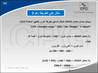 :‫التالية‬ ‫المعادلة‬ ‫بتطبيق‬ ‫أخرى‬ ‫بطريقة‬ ‫السابق‬ ‫للمثال‬ ‫االختالف‬ ‫معامل‬ ‫حساب‬ ‫ويمكن‬
•
CV% = (weight range * 100) / (Av. Weight * F value)
* ‫الوزن‬ ‫(مدى‬ = ‫االختالف‬ ‫معامل‬ %
100
‫قيمة‬ * ‫الوزن‬ ‫(متوسط‬ / )
F
)
:‫حيث‬
‫وزن‬ ‫أقل‬ – ‫وزن‬ ‫أعلى‬ = ‫الوزن‬ ‫مدى‬
=
680
–
500
=
180
‫جم‬
( = ‫االختالف‬ ‫معامل‬ %
180
*
100
( / )
595
*
5.02
)
=
18000
/
2986.9
=
6
‫رقم‬ ‫الطريقة‬ ‫على‬ ‫مثال‬
3
181
208
 