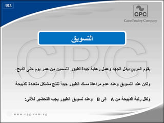 ،‫ح‬4‫ب‬‫الذ‬ ‫ى‬4‫ت‬‫ح‬ ‫يوم‬ ‫ر‬4‫م‬‫ع‬ ‫ن‬4‫م‬ ‫مين‬4‫س‬‫الت‬ ‫لطيور‬ ‫جيدة‬ ‫ة‬4‫ي‬‫رعا‬ ‫ل‬4‫م‬‫وع‬ ‫د‬4‫ه‬‫الج‬ ‫ببذل‬ ‫ي‬4‫ب‬‫المر‬ ‫يقوم‬
‫ة‬4‫ح‬‫للذبي‬ ‫متعددة‬ ‫ل‬4‫ك‬‫مشا‬ ‫ج‬4‫ت‬‫تن‬ ً‫ا‬‫جيد‬ ‫الطيور‬ ‫ك‬4‫س‬‫م‬ ‫مراعاة‬ ‫عدم‬ ‫د‬4‫ن‬‫وع‬ ‫ويق‬4‫س‬‫الت‬ ‫د‬4‫ن‬‫ع‬ ‫ن‬4‫ك‬‫ول‬
‫من‬ ‫الذبيحة‬ ‫رتبة‬ ‫وتقل‬
A
‫إلى‬
B
:‫لآلتي‬ ‫التحضير‬ ‫يجب‬ ‫الطيور‬ ‫تسويق‬ ‫وعند‬
‫التسويق‬
193
 