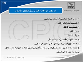 ‫للمجزر‬ ‫الطيور‬ ‫إرسال‬ ‫عند‬ ‫مراعاته‬ ‫يجب‬ ‫ما‬
1
-
.‫الطيور‬ ‫تحميل‬ ‫وقت‬ ‫والرطوبة‬ ‫الحرارة‬ ‫معرفة‬
2
.‫الطيور‬ ‫أقفاص‬ ‫وأبعاد‬ ‫تصميم‬ -
3
.‫النقل‬ ‫سيارة‬ ‫تصميم‬ -
4
.‫الطيور‬ ‫وزن‬ -
5
.‫التحميل‬ ‫وقت‬ -
6
.‫الرحلة‬ ‫وقت‬ ‫السيارات‬ ‫وسرعة‬ ‫المسافة‬ -
7
.‫المجزر‬ ‫في‬ ‫الطيور‬ ‫إنتظار‬ ‫مكان‬ ‫في‬ ‫والتبريد‬ ‫التهوية‬ ‫كفاءة‬ -
8
‫تغطية‬ -
‫مقدمة‬
‫خالل‬ ‫الباردة‬ ‫الهوائية‬ ‫للتيارات‬ ‫الطيور‬ ‫لتعرض‬ ً
‫ا‬‫منع‬ ‫الشتاء‬ ‫فصل‬ ‫خالل‬ ‫بمشمع‬ ‫السيارة‬
.‫المجزر‬ ‫إلى‬ ‫المزرعة‬ ‫من‬ ‫الرحلة‬
198
226
 