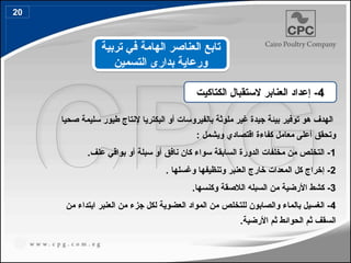 ‫صحيا‬ ‫سليمة‬ ‫طيور‬ ‫إلنتاج‬ ‫البكتريا‬ ‫أو‬ ‫بالفيروسات‬ ‫ملوثة‬ ‫غير‬ ‫جيدة‬ ‫بيئة‬ ‫توفير‬ ‫هو‬ ‫الهدف‬
: ‫ويشمل‬ ‫اقتصادي‬ ‫كفاءة‬ ‫معامل‬ ‫أعلى‬ ‫وتحقق‬
1
.‫علف‬ ‫بواقي‬ ‫أو‬ ‫سبلة‬ ‫أو‬ ‫نافق‬ ‫كان‬ ‫سواء‬ ‫السابقة‬ ‫الدورة‬ ‫مخلفات‬ ‫من‬ ‫التخلص‬ -
2
. ‫وغسلها‬ ‫وتنظيفها‬ ‫العنبر‬ ‫خارج‬ ‫المعدات‬ ‫كل‬ ‫إخراج‬ -
3
.‫وكنسها‬ ‫الالصقة‬ ‫السبله‬ ‫من‬ ‫األرضية‬ ‫كشط‬ -
4
‫من‬ ‫ابتداء‬ ‫العنبر‬ ‫من‬ ‫جزء‬ ‫لكل‬ ‫العضوية‬ ‫المواد‬ ‫من‬ ‫للتخلص‬ ‫والصابون‬ ‫بالماء‬ ‫الغسيل‬ -
.‫األرضية‬ ‫ثم‬ ‫الحوائط‬ ‫ثم‬ ‫السقف‬
4
‫الكتاكيت‬ ‫الستقبال‬ ‫العنابر‬ ‫إعداد‬ -
‫تربية‬ ‫في‬ ‫الهامة‬ ‫العناصر‬ ‫تابع‬
‫التسمين‬ ‫بدارى‬ ‫ورعاية‬
20
 