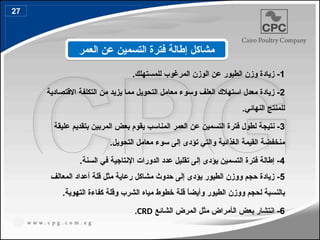 1
.‫للمستهلك‬ ‫المرغوب‬ ‫الوزن‬ ‫عن‬ ‫الطيور‬ ‫وزن‬ ‫زيادة‬ -
2
‫االقتصادية‬ ‫التكلفة‬ ‫من‬ ‫يزيد‬ ‫مما‬ ‫التحويل‬ ‫معامل‬ ‫وسوء‬ ‫العلف‬ ‫استهالك‬ ‫معدل‬ ‫زيادة‬ -
.‫النهائي‬ ‫للمنتج‬
3
‫المناسب‬ ‫العمر‬ ‫عن‬ ‫التسمين‬ ‫فترة‬ ‫لطول‬ ‫نتيجة‬ -
‫ب‬ ‫المربين‬ ‫بعض‬ ‫يقوم‬
‫عليقة‬ ‫تقديم‬
.‫التحويل‬ ‫معامل‬ ‫سوء‬ ‫إلى‬ ‫تؤدى‬ ‫والتي‬ ‫الغذائية‬ ‫القيمة‬ ‫منخفضة‬
4
.‫السنة‬ ‫في‬ ‫اإلنتاجية‬ ‫الدورات‬ ‫عدد‬ ‫تقليل‬ ‫إلى‬ ‫يؤدى‬ ‫التسمين‬ ‫فترة‬ ‫إطالة‬ -
5
‫المعالف‬ ‫أعداد‬ ‫قلة‬ ‫مثل‬ ‫رعاية‬ ‫مشاكل‬ ‫حدوث‬ ‫إلى‬ ‫يؤدى‬ ‫الطيور‬ ‫ووزن‬ ‫حجم‬ ‫زيادة‬ -
‫لحجم‬ ‫بالنسبة‬
‫ووزن‬
‫وأيضا‬ ‫الطيور‬
‫قلة‬ ً
.‫التهوية‬ ‫كفاءة‬ ‫وقلة‬ ‫الشرب‬ ‫مياه‬ ‫خطوط‬
6
‫ال‬ ‫بعض‬ ‫انتشار‬ -
‫أ‬
‫مثل‬ ‫مراض‬
‫الشائع‬ ‫المرض‬
CRD
.
‫العمر‬ ‫عن‬ ‫التسمين‬ ‫فترة‬ ‫إطالة‬ ‫مشاكل‬
27
35
 