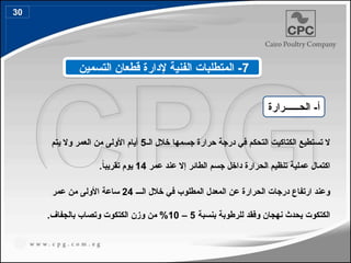 ‫تستطيع‬ ‫ال‬
‫الـ‬ ‫خالل‬ ‫جسمها‬ ‫حرارة‬ ‫درجة‬ ‫في‬ ‫التحكم‬ ‫الكتاكيت‬
5
‫يتم‬ ‫وال‬ ‫العمر‬ ‫من‬ ‫األولى‬ ‫أيام‬
‫اكتمال‬
‫عملية‬
‫عمر‬ ‫عند‬ ‫إال‬ ‫الطائر‬ ‫جسم‬ ‫داخل‬ ‫الحرارة‬ ‫تنظيم‬
14
‫يوم‬
ً
‫ا‬‫تقريب‬
.
‫الـــ‬ ‫خالل‬ ‫في‬ ‫المطلوب‬ ‫المعدل‬ ‫عن‬ ‫الحرارة‬ ‫درجات‬ ‫ارتفاع‬ ‫وعند‬
24
‫األولى‬ ‫ساعة‬
‫عمر‬ ‫من‬
‫الكتكوت‬
‫بنسبة‬ ‫للرطوبة‬ ‫وفقد‬ ‫نهجان‬ ‫يحدث‬
5
–
10
.‫بالجفاف‬ ‫وتصاب‬ ‫الكتكوت‬ ‫وزن‬ ‫من‬ %
‫الحــــــرارة‬ -‫أ‬
7
‫التسمين‬ ‫قطعان‬ ‫إلدارة‬ ‫الفنية‬ ‫المتطلبات‬ -
30
38
 