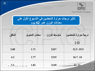 ‫النافق‬ ‫التحويل‬ ‫معامل‬ ‫الوزن‬ ‫متوسط‬ ‫التحضين‬ ‫حرارة‬ ‫درجة‬
(
̊
C
)
2.08 1.71 2267 29.5
-
32.5
4.2 1.77 2219 24
-
26.7
7.1 1.82 2149 21
-
24
‫على‬ ‫األول‬ ‫األسبوع‬ ‫في‬ ‫التحضين‬ ‫حرارة‬ ‫درجات‬ ‫تأثير‬
‫عمر‬ ‫الوزن‬ ‫معدالت‬
42
‫يوم‬
31
39
 