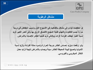 ‫األول‬ ‫األسبوع‬ ‫في‬ ‫بالكتاكيت‬ ‫مشاكل‬ ‫إلى‬ ‫تؤدى‬ ‫انخفضت‬ ‫لو‬
‫وتسبب‬
‫درجة‬ ‫في‬ ‫انخفاض‬
‫تزيد‬ ‫الكبير‬ ‫العمر‬ ‫وفى‬ ‫بها‬ ‫الزرق‬ ‫اللتصاق‬ ‫المجمع‬ ‫فتحة‬ ‫والتهاب‬ ‫الكتكوت‬ ‫جسم‬ ‫حرارة‬
.‫باألمراض‬ ‫لإلصابة‬ ‫الطائر‬ ‫قابلية‬ ‫تزيد‬ ‫وبالتالي‬ ‫الزائد‬ ‫الفرشة‬ ‫لجفاف‬ ‫الغبار‬ ‫نسبة‬
‫سيزيد‬ ‫ارتفعت‬ ‫ولو‬
‫إ‬
‫نسبة‬ ‫وتزيد‬ ‫الفرشة‬ ‫حالة‬ ‫وتسوء‬ ‫الحرارة‬ ‫بدرجة‬ ‫الطائر‬ ‫حساس‬
‫بال‬ ‫ويصاب‬ ‫سيئة‬ ‫للطائر‬ ‫المحيطة‬ ‫البيئة‬ ‫وتصبح‬ ‫األمونيا‬
‫أ‬
‫معدل‬ ‫تزايد‬ ‫نتيجة‬ ‫مراض‬
.‫والفيروسي‬ ‫الميكروبي‬ ‫التكاثر‬
‫الرطوبة‬ ‫مشاكل‬
50
58
 