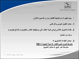 •
:‫كاآلتي‬ ‫التسمين‬ ‫بدارى‬ ‫قطعان‬ ‫وإنتاجية‬ ‫أداء‬ ‫تقييم‬ ‫ويتم‬
.1
‫والتراكمي‬ ‫اليومي‬ ‫النفوق‬ ‫معدل‬
.2
‫كيلوجرام‬ ‫إلنتاج‬ ‫بالكيلوجرام‬ ‫الطائر‬ ‫يستهلكها‬ ‫التي‬ ‫العلف‬ ‫كمية‬ ‫(وهي‬ ‫الغذائي‬ ‫التحويل‬ ‫كفاءة‬
)‫اللحم‬ ‫من‬ ‫واحد‬
.3
‫معامل‬
‫ال‬
‫اإلنتاج‬ ‫كفاءة‬
‫ية‬
=
× ‫الحيوية‬ ‫نسبة‬ × ‫للطائر‬ ‫الحي‬ ‫الوزن‬ ‫متوسط‬
100
‫التحويل‬ ‫معامل‬ × ‫البيع‬ ‫عمر‬ ‫متوسط‬
7
 