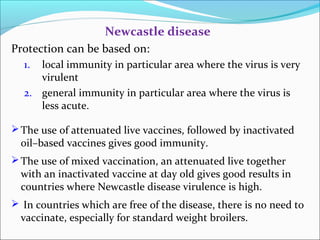 Newcastle disease
Protection can be based on:
1. local immunity in particular area where the virus is very
virulent
2. general immunity in particular area where the virus is
less acute.
The use of attenuated live vaccines, followed by inactivated
oil–based vaccines gives good immunity.
The use of mixed vaccination, an attenuated live together
with an inactivated vaccine at day old gives good results in
countries where Newcastle disease virulence is high.
 In countries which are free of the disease, there is no need to
vaccinate, especially for standard weight broilers.
 