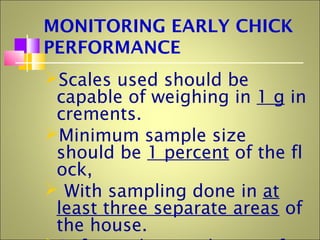 MONITORING EARLY CHICK
PERFORMANCE
Scales used should be
capable of weighing in 1 g in
crements.
Minimum sample size
should be 1 percent of the fl
ock,
 With sampling done in at
least three separate areas of
the house.
 
