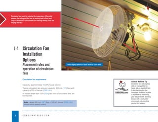 7 C O B B - V A N T R E S S . C O M
Circulation fans assist in reducing the temperature differential
between the ceiling and the floor by pushing heat to floor level.
They are essential in cold climates for reducing heating costs and
keeping litter dry.
Circulation Fan
Installation
Options
Placement rules and
operation of circulation
fans
1.4
Tilted slightly upwards to avoid drafts at chick level
Circulation fan requirement
Capacity: approximately 10-20% house volume
Typical circulation fan size and capacity: 450 mm (18”) fans with
capacity of 70 m³/minute (2500 cfm)
In houses wider than 15 m (50 ft) two rows of circulation fans will
be required.
Note: Larger 600 mm (24”) fans – 140 m³/ minute (5000 cfm)
should be on speed control.
Animal Welfare Tip
Circulation fans not only help
with air mixing within the
house, but are important tools
to help maintain dry litter
throughout the house. Dry litter
is important for maintaining
good footpad health, providing
broilers with a comfortable
environment and promoting
positive bird behavior.
 