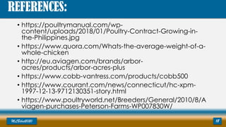 REFERENCES:
• https://poultrymanual.com/wp-
content/uploads/2018/01/Poultry-Contract-Growing-in-
the-Philippines.jpg
• https://www.quora.com/Whats-the-average-weight-of-a-
whole-chicken
• http://eu.aviagen.com/brands/arbor-
acres/products/arbor-acres-plus
• https://www.cobb-vantress.com/products/cobb500
• https://www.courant.com/news/connecticut/hc-xpm-
1997-12-13-9712130351-story.html
• https://www.poultryworld.net/Breeders/General/2010/8/A
viagen-purchases-Peterson-Farms-WP007830W/
MLBibat2020 18
 