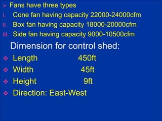  Fans have three types
I. Cone fan having capacity 22000-24000cfm
II. Box fan having capacity 18000-20000cfm
III. Side fan having capacity 9000-10500cfm
Dimension for control shed:
 Length 450ft
 Width 45ft
 Height 9ft
 Direction: East-West
 