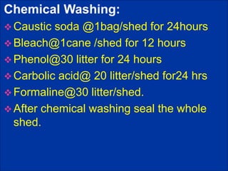 Chemical Washing:
 Caustic soda @1bag/shed for 24hours
 Bleach@1cane /shed for 12 hours
 Phenol@30 litter for 24 hours
 Carbolic acid@ 20 litter/shed for24 hrs
 Formaline@30 litter/shed.
 After chemical washing seal the whole
shed.
 