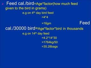  Feed cal./bird=Age*factor(how much feed
given to the bird in grams)
e.g on 4th day bird feed
=4*4
=16gm Feed
cal./30000 bird=Age*factor*bird in thousands
e.g on 14th day feed
=4.2*14*30
=1764kg/50
=35.28bags
 