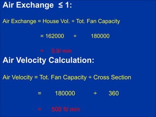Air Exchange ≤ 1:
Air Exchange = House Vol. ÷ Tot. Fan Capacity
= 162000 ÷ 180000
= 0.9/ min
Air Velocity Calculation:
Air Velocity = Tot. Fan Capacity ÷ Cross Section
= 180000 ÷ 360
= 500 ft/ min
 
