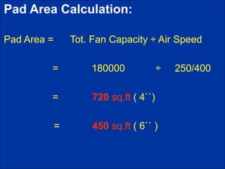 Pad Area Calculation:
Pad Area = Tot. Fan Capacity ÷ Air Speed
= 180000 ÷ 250/400
= 720 sq.ft ( 4``)
= 450 sq.ft ( 6`` )
 