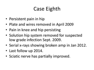 Case Eighth
• Persistent pain in hip
• Plate and wires removed in April 2009
• Pain in knee and hip persisting
• Solution hip system removed for suspected
low grade infection Sept. 2009.
• Serial x-rays showing broken amp in Jan 2012.
• Last follow up 2014.
• Sciatic nerve has partially improved.
 