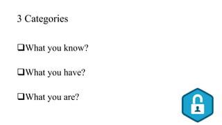 3 Categories
What you know?
What you have?
What you are?
 