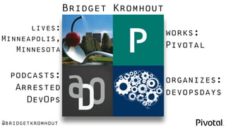 @bridgetkromhout
lives:
Minneapolis,
Minnesota
works:
Pivotal
podcasts:
Arrested
DevOps
organizes:
devopsdays
Bridget Krom...