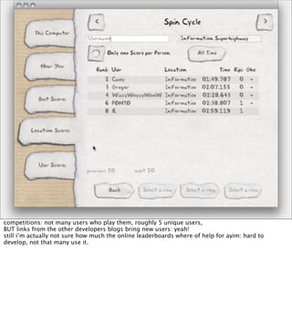competitions: not many users who play them, roughly 5 unique users,
BUT links from the other developers blogs bring new users: yeah!
still i’m actually not sure how much the online leaderboards where of help for ayim: hard to
develop, not that many use it.
 