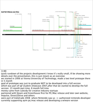 And Yet It Moves over time                                                                                            Licensed Nintendo Developer          Greenhouse     Launch

                                                       IGF 2007                                                                                                            Gamersgate
                            IGF 2007 Deadline

                                                                                                                          Steam                                              Broken Rules founded
                                                                                                        Pitching to

                                                                                              online distributors              Nintendo Contact                           Impulse     Direct2Drive, MacGameStore

                                                                                                                                                                                       Deliver2Mac
                                                                                      Business Expert
                                                                                     (through subsidy)                                                                                        Zoo



                                                                                                                                                                                      WiiWare Version

                Prototype                                                                                                     Talk with a 1st Party

                                                                                                                                                                          Support & Update

   Game Design Course                                             Full Version Part Time                                            Full Version Full Time




  2006                                          2007                                        2008                                                        2009                                                       2010




                                                                                                                                                                             1.0.2           1.0.5
                                                                                                                                                                            1.0.1    1.0.4
                                                                                                                                                                          1.0        1.0.3           1.0.6
                                                                                                                                                                                         NationsOfVideogames


                                                                                                                                                                                        WiiLoveIt

                                                                                                             Subsidy 2nd Payment                     Subsidy 3rd Payment             GeneralGames

                                                                  Subsidy Entry         Subsidy 1st Payment                                                                         Garagegames

                                                                                                                                                                                   GamerLimit

                                                                                                                                                                                   Bytejacker


                                                                                                                                                                                Lords of Zock

                                                                                                                                                    PR Mail to everyone    Rock, Paper, Shotgun




3:40
quick rundown of the projects development:i know it’s really small, ill be showing more
details over the presentation, this is just meant as an overview
we started in 2006 at Vienna University of Technology, made a two level protoype there
in 5 month
goal of prototype was just to graduate NOT to be developed into a full version
which was part of igf student showcase 2007,after that we started to develop the full
version: 15 month part time, 8 month full time
money came from subsidy for creative industry startups
partnered with Steam and Greenhouse ﬁrst for PC/Mac release and later own website,
Impulse, Direct2Drive and others
were part of IndieCade 2008 where Nintendo saw us -> authorized nintendo developer
currently supporting ayim pc/mac release and developing a wiiware version
 