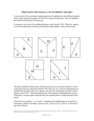 DIRECTIONS FOR MAKING A SET OF BROKEN SQUARES

A set consists of five envelopes containing pieces of cardboard cut into different patterns
which, when properly arranged, will form five squares of equal size. One set should be
provided for each group of five persons.

To prepare a set, cut out five cardboard squares, each exactly 6”X6”. Place the squares
in a row and mark them as below, penciling the letters lightly so they can be erased.




                             A
                                                                         D
                                                                                                                              F
                    B                                                                                       E
                                                          C                          C
     A                                                                                                                                 F


                                                 G
                                                                                                               I
                                      H                                                            J
                               A                                                      A

The lines should be so drawn that, when the pieces are cut out, those marked A will be
exactly the same size, all pieces marked C the same size, etc. Several combinations are
possible that will form one or two squares, but only one combination will form all five
squares, each 6”X6”. After drawing the lines on the squares and labeling the sections
with letters, cut each square along the lines into smaller pieces to make the parts of the
puzzle.

Label the five envelopes, 1,2, 3,4 and 5. Distribute the cardboard pieces into the five
envelopes as follows: envelope 1 pieces I, H,E; 2 has A,A,A, C; 3 has A, J; 4 has D, F;
and 5 has G,B,F,C.

Reproduced from A Handbook of Structured Experiences for Human Relations Training, Volume I, Revised. J. William Pfeiffer and John E. Jones,
Editors. San Diego, CA. University Associates, Inc., 1974.


                                                              BROKEN SQUARES - 3
 