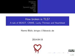 Introduction
Software
CAs
X.509
Symmetric encryption
TLS misc
Misc
End
How broken is TLS?
A tale of BEAST, CRIME, Lucky Thirteen and Heartbleed
Hanno B¨ock, https://hboeck.de
2014-04-19
1 / 44
 