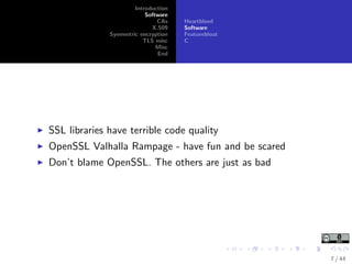 Introduction
Software
CAs
X.509
Symmetric encryption
TLS misc
Misc
End
Heartbleed
Software
Featurebloat
C
SSL libraries ha...