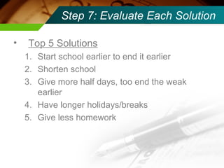 Step 7: Evaluate Each Solution Top 5 Solutions Start school earlier to end it earlier Shorten school Give more half days, too end the weak earlier Have longer holidays/breaks Give less homework 