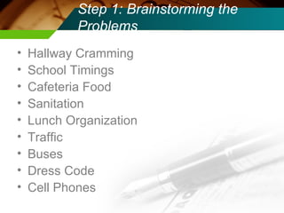 Step 1: Brainstorming the Problems Hallway Cramming  School Timings  Cafeteria Food Sanitation  Lunch Organization Traffic Buses  Dress Code Cell Phones 