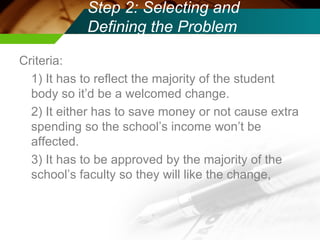 Step 2: Selecting and Defining the Problem Criteria: 1) It has to reflect the majority of the student body so it’d be a welcomed change. 2) It either has to save money or not cause extra spending so the school’s income won’t be affected. 3) It has to be approved by the majority of the school’s faculty so they will like the change,  
