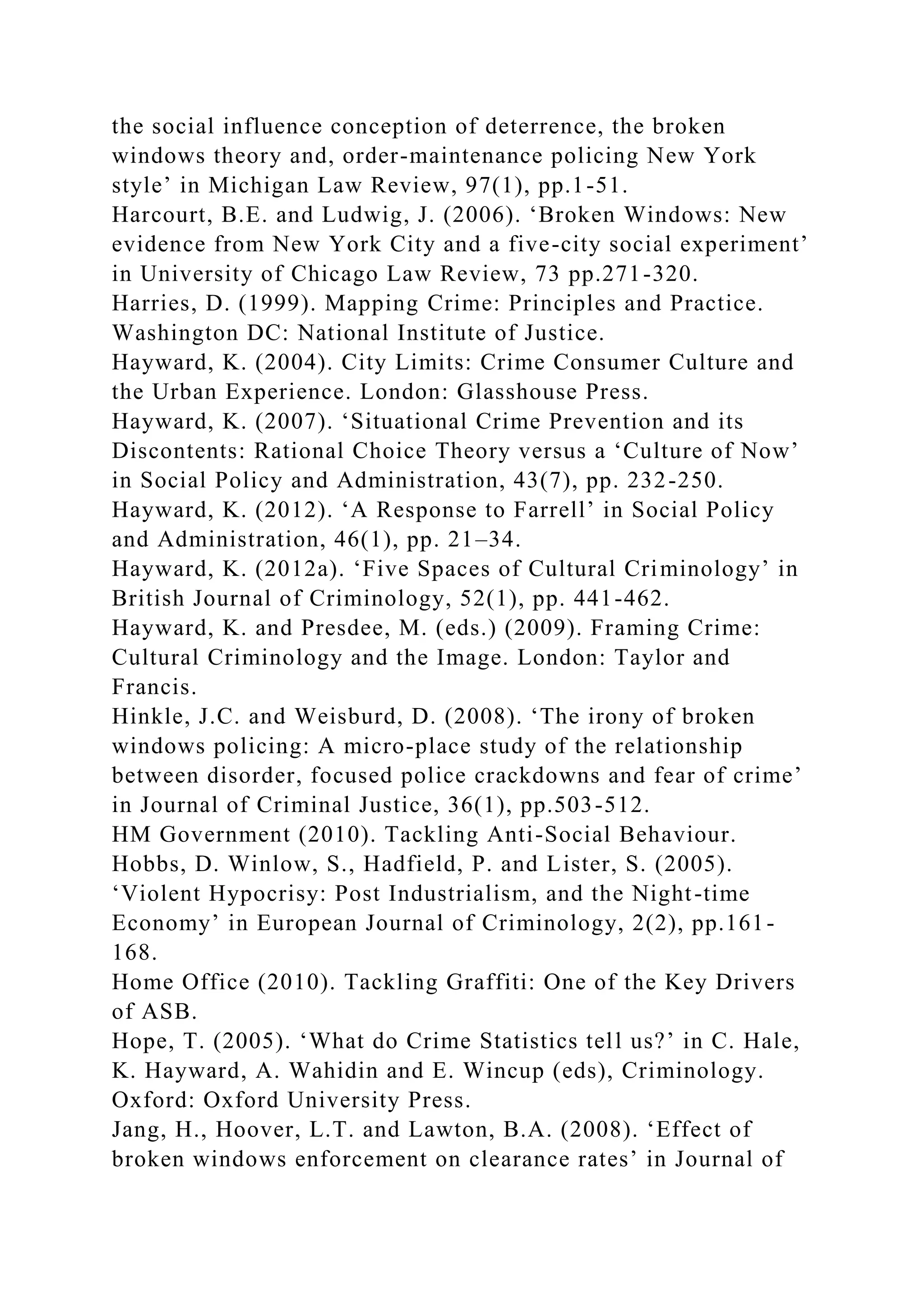 the social influence conception of deterrence, the broken
windows theory and, order-maintenance policing New York
style’ in Michigan Law Review, 97(1), pp.1-51.
Harcourt, B.E. and Ludwig, J. (2006). ‘Broken Windows: New
evidence from New York City and a five-city social experiment’
in University of Chicago Law Review, 73 pp.271-320.
Harries, D. (1999). Mapping Crime: Principles and Practice.
Washington DC: National Institute of Justice.
Hayward, K. (2004). City Limits: Crime Consumer Culture and
the Urban Experience. London: Glasshouse Press.
Hayward, K. (2007). ‘Situational Crime Prevention and its
Discontents: Rational Choice Theory versus a ‘Culture of Now’
in Social Policy and Administration, 43(7), pp. 232-250.
Hayward, K. (2012). ‘A Response to Farrell’ in Social Policy
and Administration, 46(1), pp. 21–34.
Hayward, K. (2012a). ‘Five Spaces of Cultural Criminology’ in
British Journal of Criminology, 52(1), pp. 441-462.
Hayward, K. and Presdee, M. (eds.) (2009). Framing Crime:
Cultural Criminology and the Image. London: Taylor and
Francis.
Hinkle, J.C. and Weisburd, D. (2008). ‘The irony of broken
windows policing: A micro-place study of the relationship
between disorder, focused police crackdowns and fear of crime’
in Journal of Criminal Justice, 36(1), pp.503-512.
HM Government (2010). Tackling Anti-Social Behaviour.
Hobbs, D. Winlow, S., Hadfield, P. and Lister, S. (2005).
‘Violent Hypocrisy: Post Industrialism, and the Night-time
Economy’ in European Journal of Criminology, 2(2), pp.161-
168.
Home Office (2010). Tackling Graffiti: One of the Key Drivers
of ASB.
Hope, T. (2005). ‘What do Crime Statistics tell us?’ in C. Hale,
K. Hayward, A. Wahidin and E. Wincup (eds), Criminology.
Oxford: Oxford University Press.
Jang, H., Hoover, L.T. and Lawton, B.A. (2008). ‘Effect of
broken windows enforcement on clearance rates’ in Journal of
 