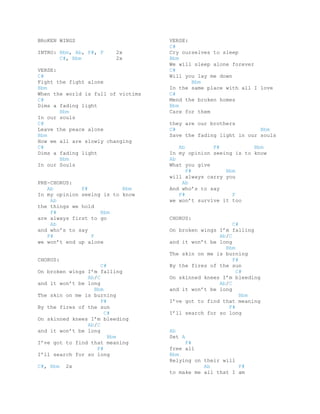 BRoKEN WINGS                        VERSE:
                                    C#
INTRO: Bbm, Ab, F#, F    2x         Cry ourselves to sleep
       C#, Bbm           2x         Bbm
                                    We will sleep alone forever
VERSE:                              C#
C#                                  Will you lay me down
Fight the fight alone                      Bbm
Bbm                                 In the same place with all I love
When the world is full of victims   C#
C#                                  Mend the broken homes
Dims a fading light                 Bbm
       Bbm                          Care for them
In our souls
C#                                  they are our brothers
Leave the peace alone               C#                           Bbm
Bbm                                 Save the fading light in our souls
How we all are slowly changing
C#                                     Ab         F#           Bbm
Dims a fading light                 In my opinion seeing is to know
       Bbm                          Ab
In our Souls                        What you give
                                          F#          Bbm
                                    will always carry you
PRE-CHORUS:                             Ab
   Ab         F#           Bbm      And who’s to say
In my opinion seeing is to know        F#               F
    Ab                              we won’t survive it too
the things we hold
    F#              Bbm
are always first to go              CHORUS:
    Ab                                                   C#
and who’s to say                    On broken wings I’m falling
   F#            F                                  Ab/C
we won’t end up alone               and it won’t be long
                                                      Bbm
                                    The skin on me is burning
CHORUS:                                                  F#
                     C#             By the fires of the sun
On broken wings I’m falling                               C#
                Ab/C                On skinned knees I’m bleeding
and it won’t be long                                Ab/C
                  Bbm               and it won’t be long
The skin on me is burning                                   Bbm
                     F#             I’ve got to find that meaning
By the fires of the sun                                F#
                      C#            I’ll search for so long
On skinned knees I’m bleeding
                Ab/C
and it won’t be long                Ab
                        Bbm         Set A
I’ve got to find that meaning            F#
                   F#               free all
I’ll search for so long             Bbm
                                    Relying on their will
C#, Bbm   2x                                   Ab         F#
                                    to make me all that I am
 