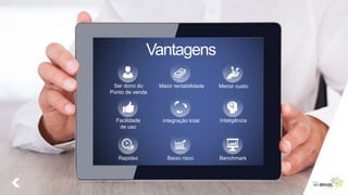 Vantagens
Ser dono do
Ponto de venda
Maior rentabilidade Menor custo
Inteligência
BenchmarkBaixo riscoRapidez
Facilidade
de uso
Integração total
 