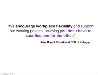 "We encourage workplace ?exibility and support
our working parents, believing you don't have to
sacri?ce one for the other.
John Bryant, President & CEO of Kelloggs

Sunday, October 27, 13

 