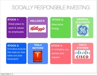 SOCIALLY RESPONSIBLE INVESTING
STOCK 1:

KELLOGGS

STOCK 2:

Great place to

Alternative

work & values

GENERAL
ELECTRICS

Energy

its employees

STOCK 3:
Innovative products
that make our lives
better and does
social good

Sunday, October 27, 13

TESLA
MOTORS

STOCK 4:
A company you
admire and
respect

CISCO
SYSTEMS

 