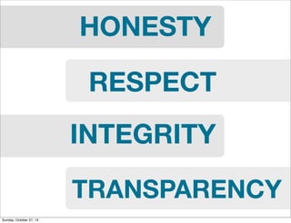 HONESTY
RESPECT
INTEGRITY
TRANSPARENCY
Sunday, October 27, 13

 