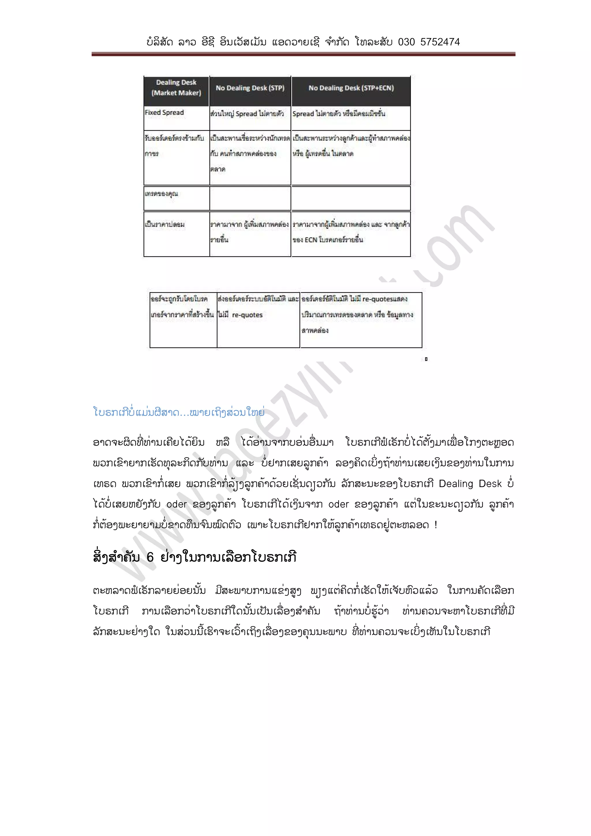 ບໍລິສັດ ລາວ ອີຊີ ອິນເວັສເມັນ ແອດວາຍເຊີ ຈ ໍາກ ັດ ໂທລະສັບ 030 5752474
ໂບຣກເກີບໍ່ ແມ່ນຜີສາດ…ໝາຍເຖິງສ່ວນໃຫຍ່
ອາດຈະຜິດທີ່ ທ່ານເຄີຍໄດ້ຍິນ ຫລື ໄດ້ອ່ານຈາກບອ່ນອື່ ນມາ ໂບຣກເກີຟໍເຣັກບໍ່ ໄດ້ຕັ້ງມາເພື່ ອໂກງຕະຫຼອດ
ພວກເຂົາຍາກເຮັດທຸລະກິດກ ັບທ່ານ ແລະ ບໍ່ຢາກເສຍລູກຄ້າ ລອງຄິດເບິ່ງຖ້າທ່ານເສຍເງິນຂອງທ່ານໃນການ
ເທຣດ ພວກເຂົາກໍ່ເສຍ ພວກເຂົາກໍ່ລ້ຽງລູກຄ້າດ້ວຍເຊັ່ ນດຽວກ ັນ ລັກສະນະຂອງໂບຣກເກີ Dealing Desk ບໍ່
ໄດ້ບໍ່ເສຍຫຍັງກ ັບ oder ຂອງລູກຄ້າ ໂບຣກເກີໄດ້ເງິນຈາກ oder ຂອງລູກຄ້າ ແຕ່ໃນຂະນະດຽວກ ັນ ລູກຄ້າ
ກໍ່ຕ້ອງພະຍາຍາມບໍ່ຂາດທຶນຈ ົນໝົດຕົວ ເພາະໂບຣກເກີຢາກໃຫ້ລູກຄ້າເທຣດຢູ່ຕະຫລອດ !
ສິ່ງສ ໍາຄັນ 6 ຢ່າງໃນການເລືອກໂບຣກເກີ
ຕະຫລາດຟໍເຣັກລາຍຍ່ອຍນັ້ນ ມີສະພາບການແຂ່ງສູງ ພຽງແຕ່ຄິດກໍ່ເຮັດໃຫ້ເຈັບຫົວແລ້ວ ໃນການຄັດເລືອກ
ໂບຣກເກີ ການເລືອກວ່າໂບຣກເກີໃດນ ັ້ນເປັນເລື່ອງສ ໍາຄັນ ຖ້າທ່ານບໍ່ຮູ້ວ່າ ທ່ານຄວນຈະຫາໂບຣກເກີທີ່ ມີ
ລັກສະນະຢ່າງໃດ ໃນສ່ວນນີ້ເຮົາຈະເວົ້າເຖິງເລື່ອງຂອງຄຸນນະພາບ ທີ່ ທ່ານຄວນຈະເບິ່ງເຫັນໃນໂບຣກເກີ
 