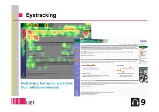 Eyetracking




Heat maps, hot spots, gaze time
Controlled environment



                                  18
 