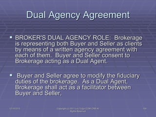 12/16/2015 Copyright (c) 2011 Lou Tulga CCIM CRB All
Rights Reserved
104
Dual Agency Agreement
 BROKER'S DUAL AGENCY ROLE...